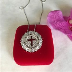 18K white gold plated CZ diamond cross necklace